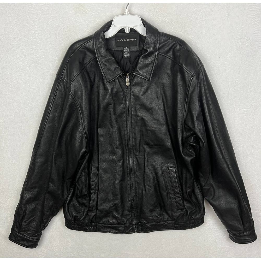 Croft & Barrow Black Leather Jacket Mens XLT Tall Full Zip Pocket Quilted Lined